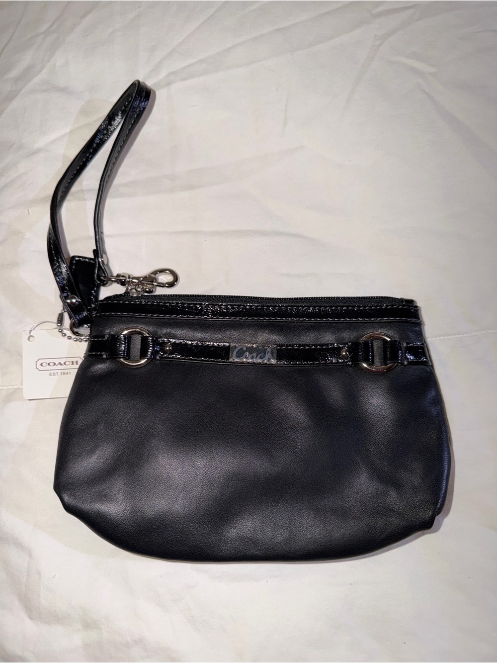 Coach Black Leather Wristlet Clutch with Silver Hardware